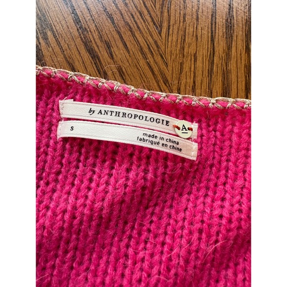 Anthropologie Pink Wool Alpaca Blend V-Neck Chain Trim Sweater Small - Picture 3 of 8
